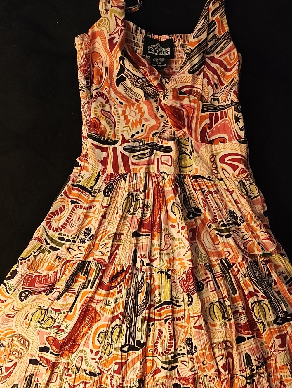 Angie Multicolor Abstract Tiered Maxi Dress in Orange, Cream & Black